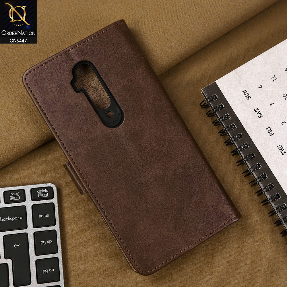 OnePlus 7T Pro Cover - Dark Brown - Premium Leather Megantic Flip Book Covers With Card Holding Option