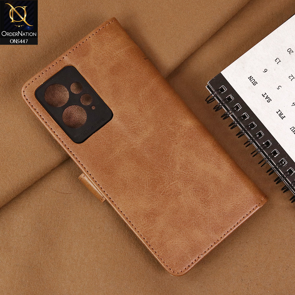 Xiaomi Redmi Note 12 4G Cover - Light Brown - Premium Leather Megantic Flip Book Covers With Card Holding Option