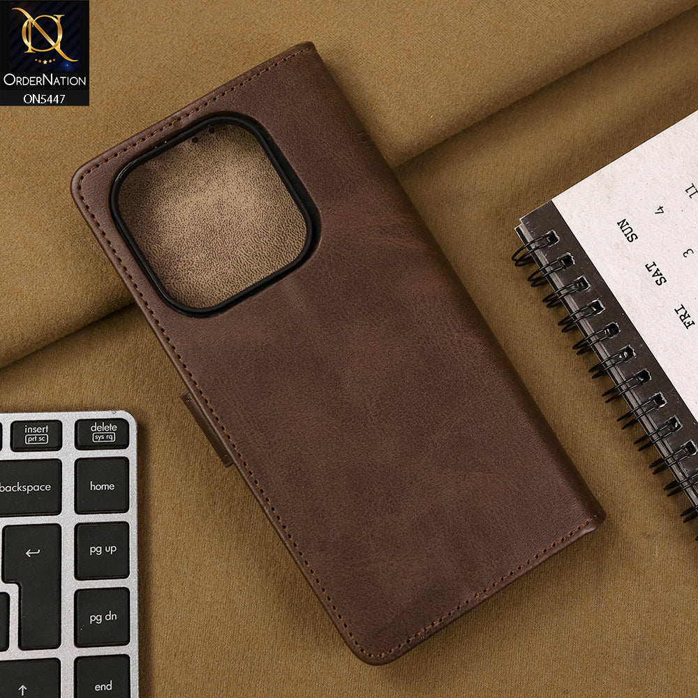 Xiaomi Redmi Note 14 Cover - Dark Brown - Premium Leather Megantic Flip Book Covers With Card Holding Option