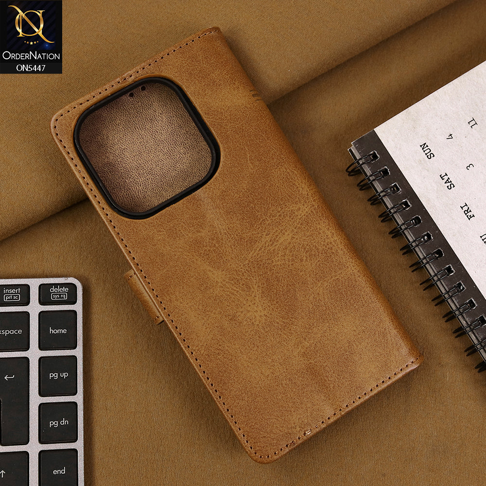 Xiaomi Redmi Note 14 Cover - Light Brown - Premium Leather Megantic Flip Book Covers With Card Holding Option