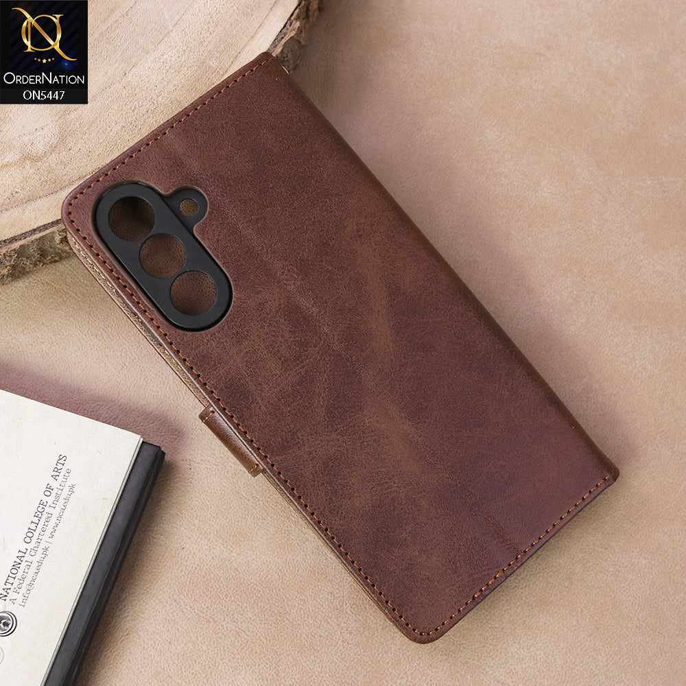 Samsung Galaxy A17 Cover - Dark Brown - Premium Leather Megantic Flip Book Covers With Card Holding Option