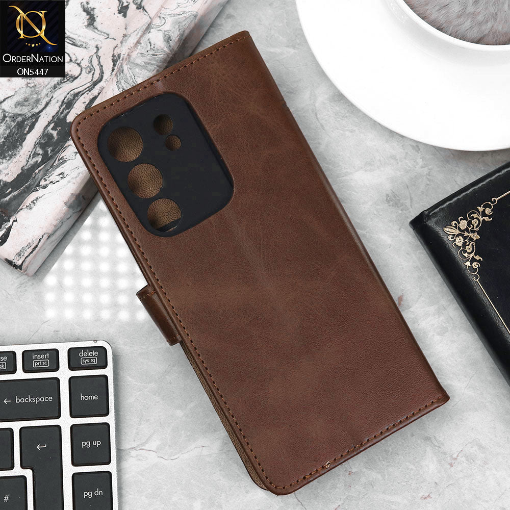 Vivo V29e Cover - Dark Brown - Premium Leather Megantic Flip Book Covers With Card Holding Option