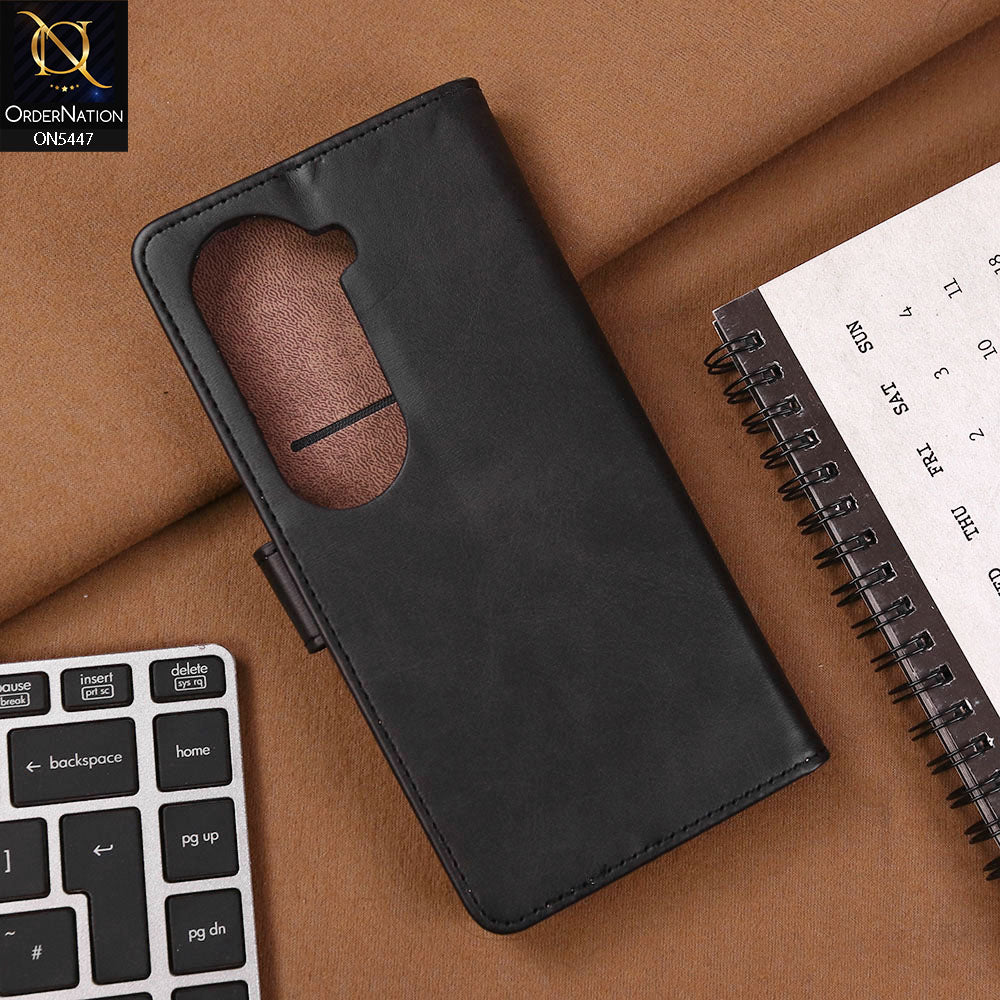 Vivo V40e Cover - Black - Premium Leather Megantic Flip Book Covers With Card Holding Option