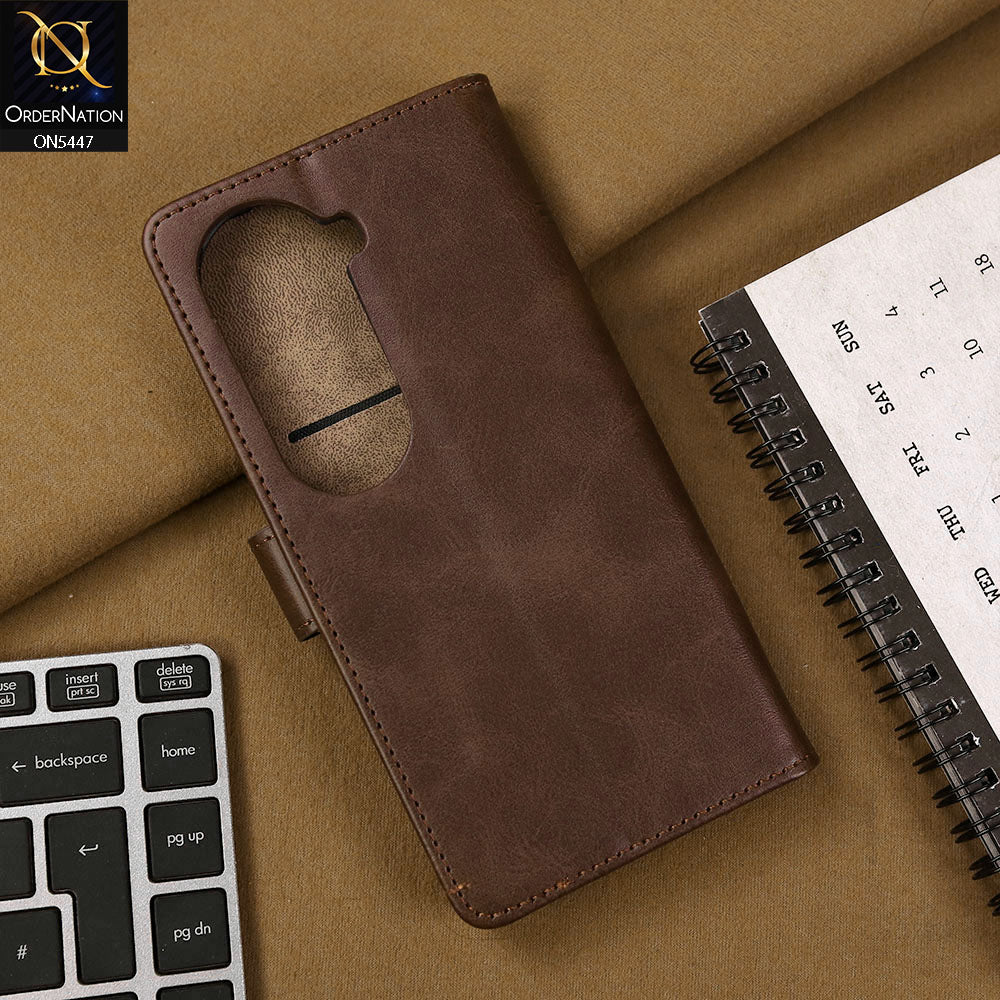 Vivo V40e Cover - Dark Brown - Premium Leather Megantic Flip Book Covers With Card Holding Option