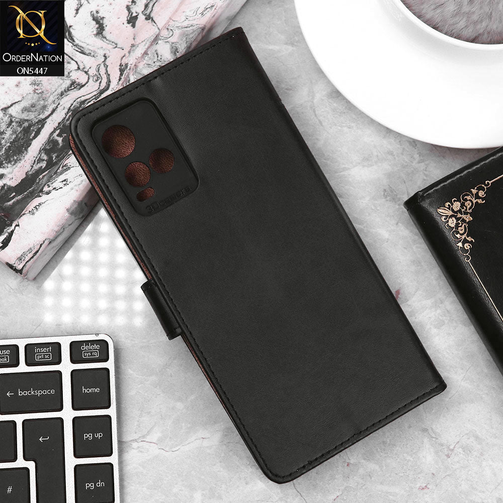 Vivo Y33t Cover - Black - Premium Leather Megantic Flip Book Covers With Card Holding Option