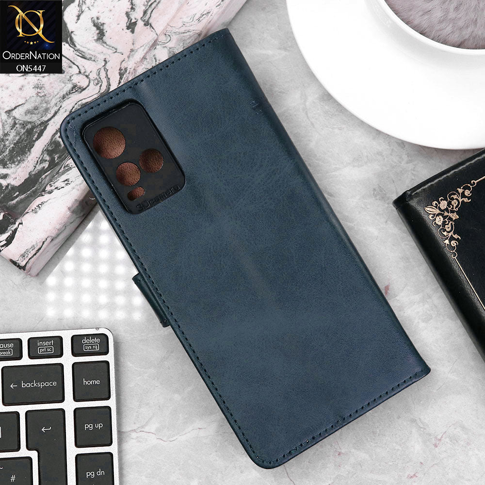 Vivo Y33s Cover - Blue - Premium Leather Megantic Flip Book Covers With Card Holding Option