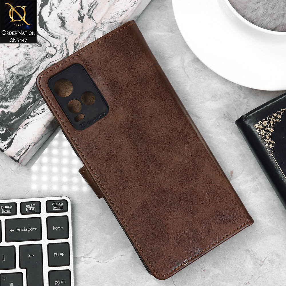 Vivo Y21s Cover - Dark Brown - Premium Leather Megantic Flip Book Covers With Card Holding Option
