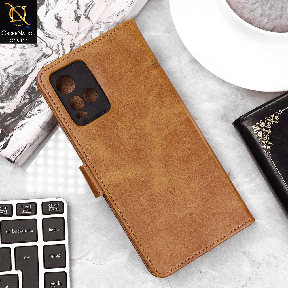 Vivo Y33t Cover - Light Brown - Premium Leather Megantic Flip Book Covers With Card Holding Option