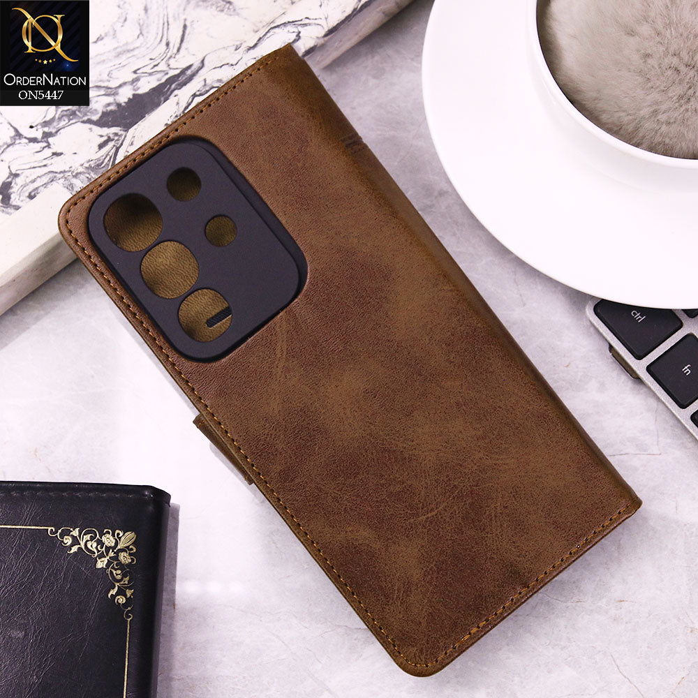 Vivo Y29 4G Cover - Dark Brown - Premium Leather Megantic Flip Book Covers With Card Holding Option