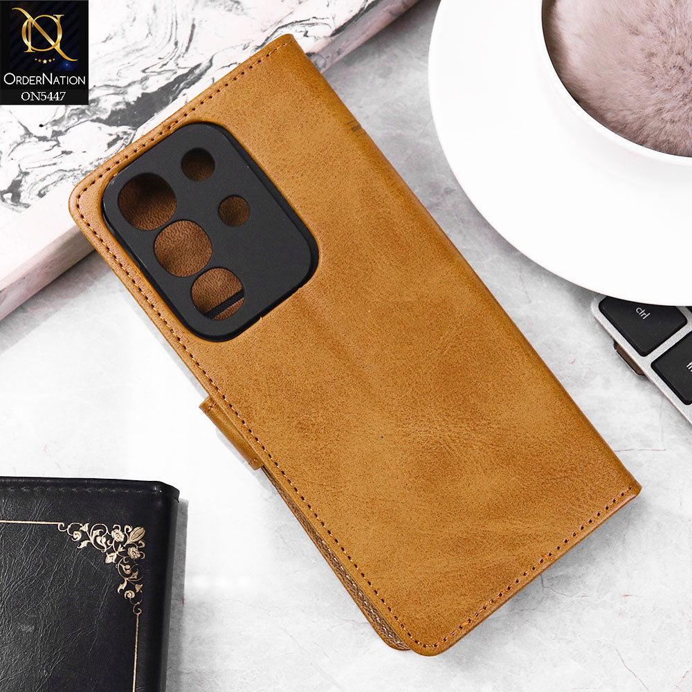 Vivo Y29 4G Cover - Light Brown - Premium Leather Megantic Flip Book Covers With Card Holding Option