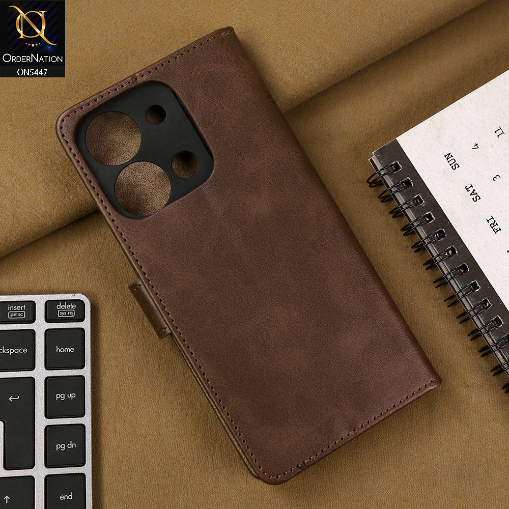 Vivo Y27s Cover - Dark Brown - Premium Leather Megantic Flip Book Covers With Card Holding Option
