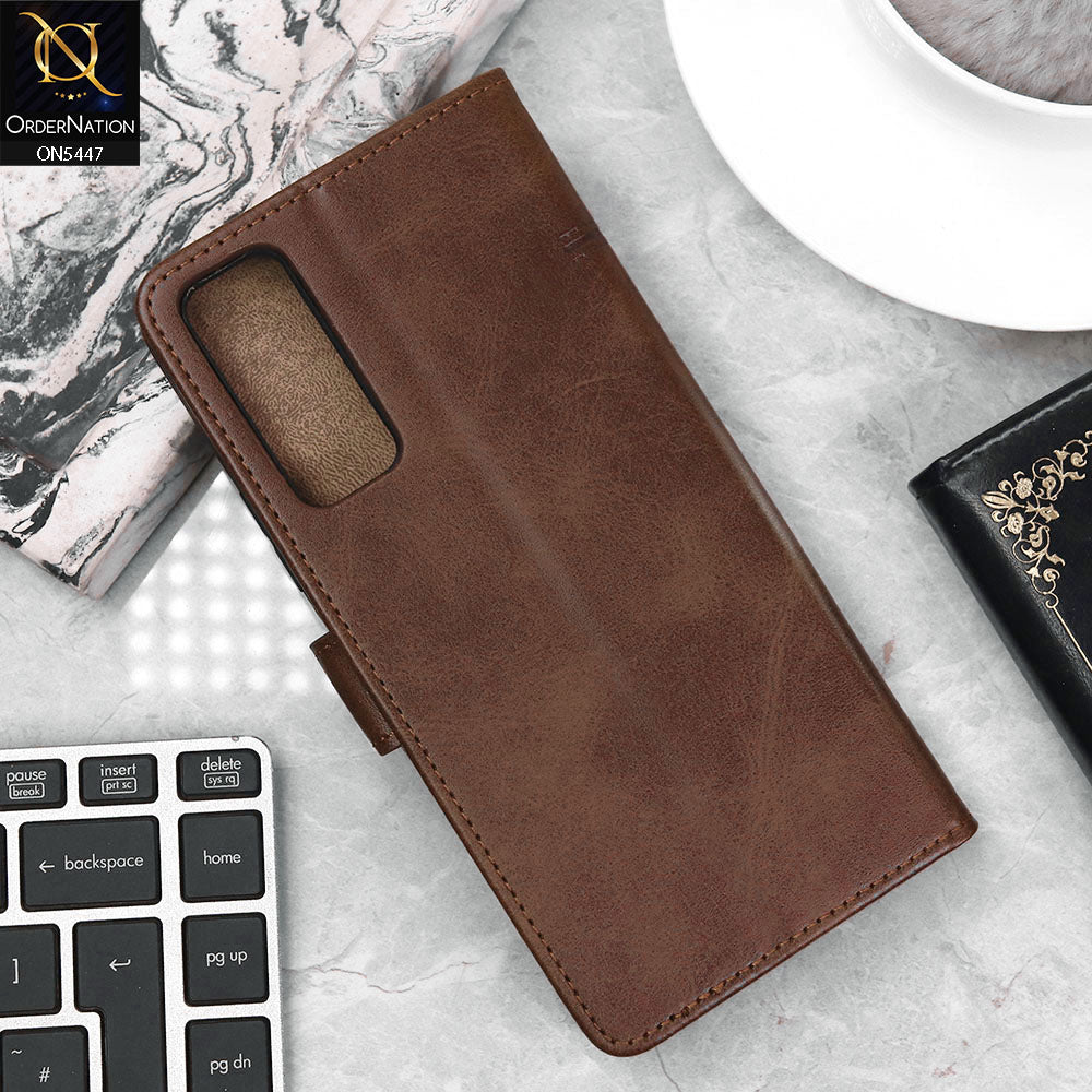 Vivo Y53s 4G Cover - Dark Brown - Premium Leather Megantic Flip Book Covers With Card Holding Option