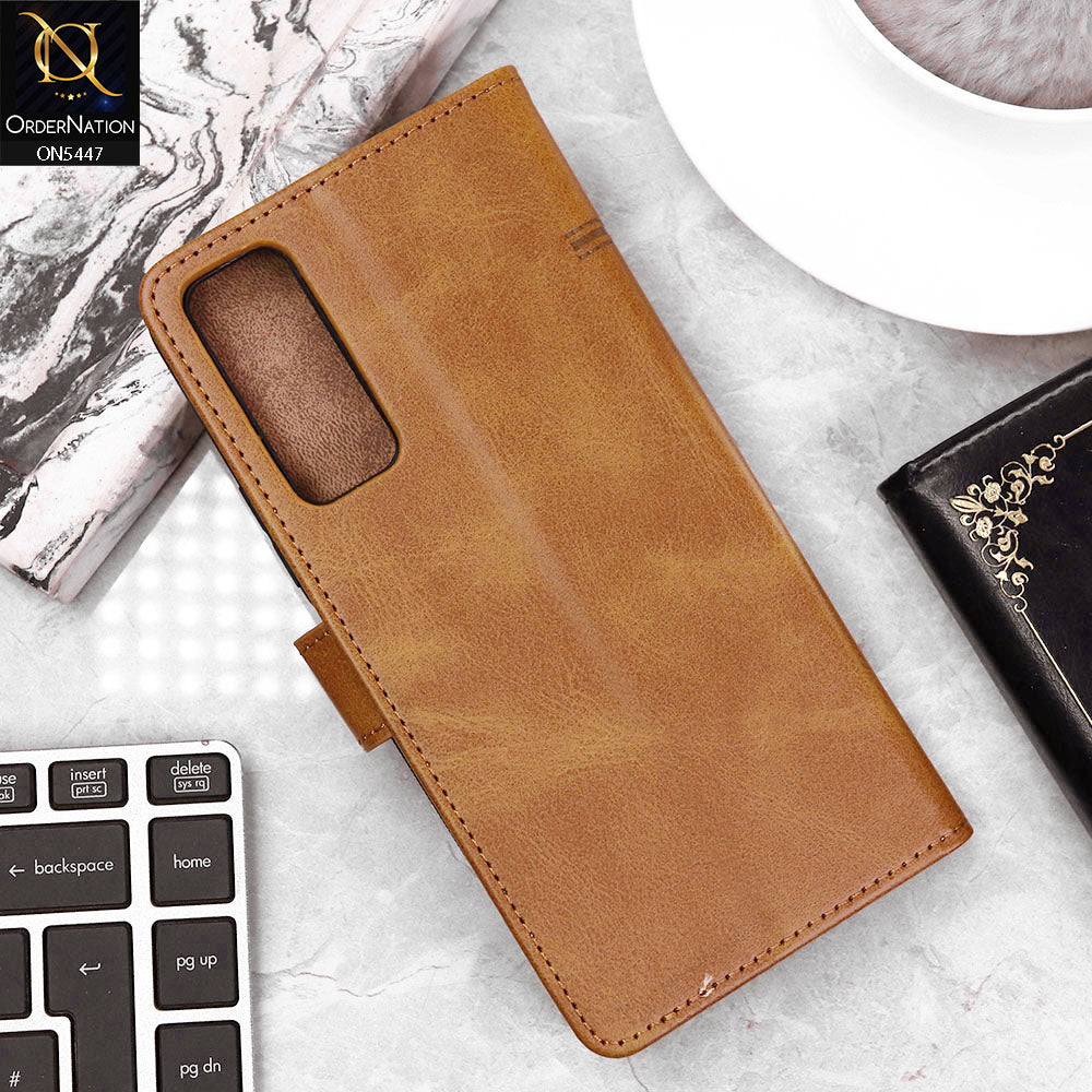 Vivo Y53s 4G Cover - Light Brown - Premium Leather Megantic Flip Book Covers With Card Holding Option