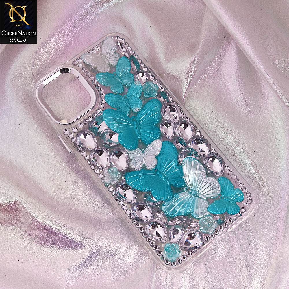 iPhone 13 Cover - Cyan - Elegant 3D Dreamy Butterfly Shiny Rhinestones Protective Soft Case - Futurestore.pk