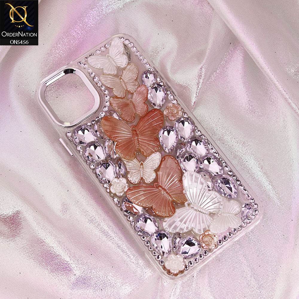 iPhone 13 Cover - Orange - Elegant 3D Dreamy Butterfly Shiny Rhinestones Protective Soft Case