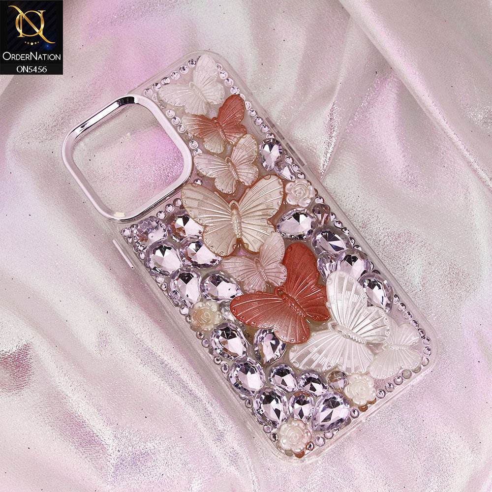 iPhone 16 Pro Max Cover - Orange - Elegant 3D Dreamy Butterfly Shiny Rhinestones Protective Soft Case