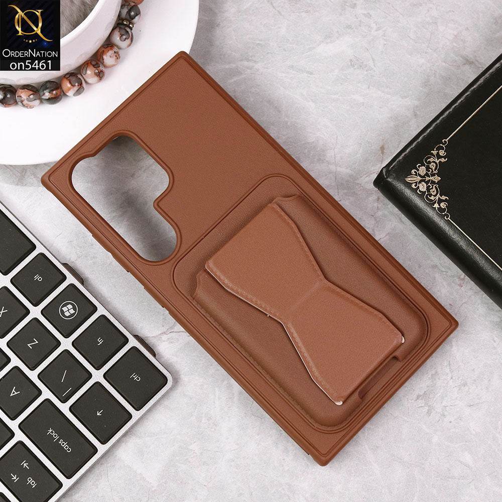Samsung Galaxy S24 Ultra Cover - Brown - New Protective Case with Card Holder And Bracket Stand Holder - Futurestore.pk