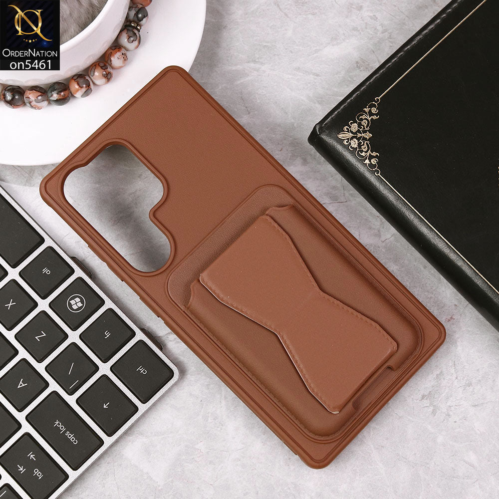Samsung Galaxy S25 Ultra Cover - Brown - New Protective Case with Card Holder And Bracket Stand Holder