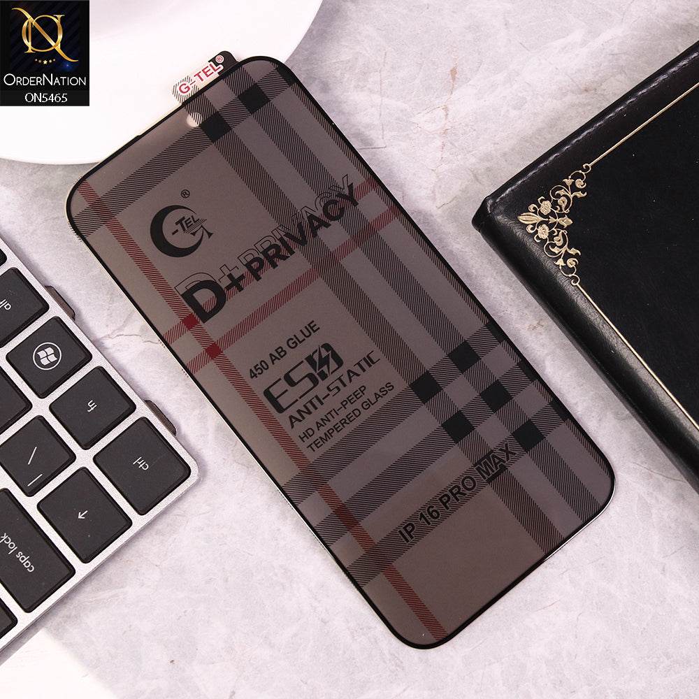 iPhone 16 Pro Max Cover - Black - Privacy Glass Screen Protector G-tel D+ Privacy HD Anti-Peep Tempered Glass