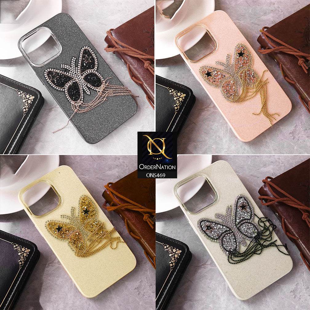 iPhone 16 Pro Max Cover - White - New Shiny Beeds Butterfl Case With Glitter Inside Soft Shiny Case