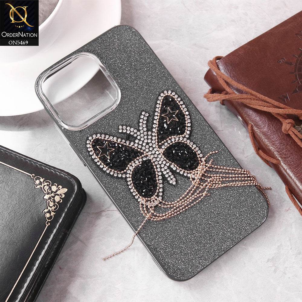 iPhone 16 Pro Max Cover - Black - New Shiny Beeds Butterfl Case With Glitter Inside Soft Shiny Case