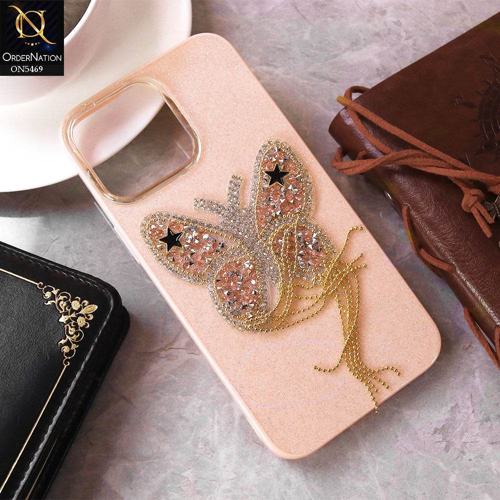 iPhone 16 Pro Max Cover - Pink - New Shiny Beeds Butterfl Case With Glitter Inside Soft Shiny Case