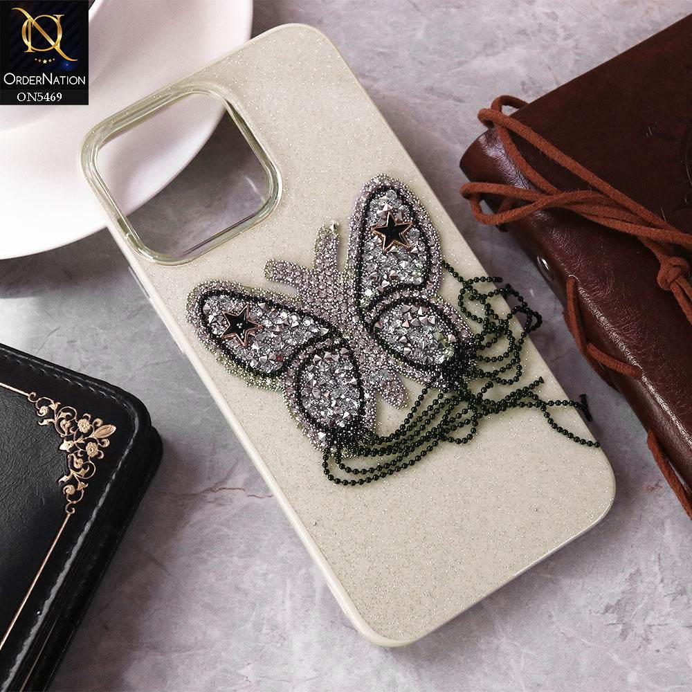 iPhone 16 Pro Max Cover - White - New Shiny Beeds Butterfl Case With Glitter Inside Soft Shiny Case