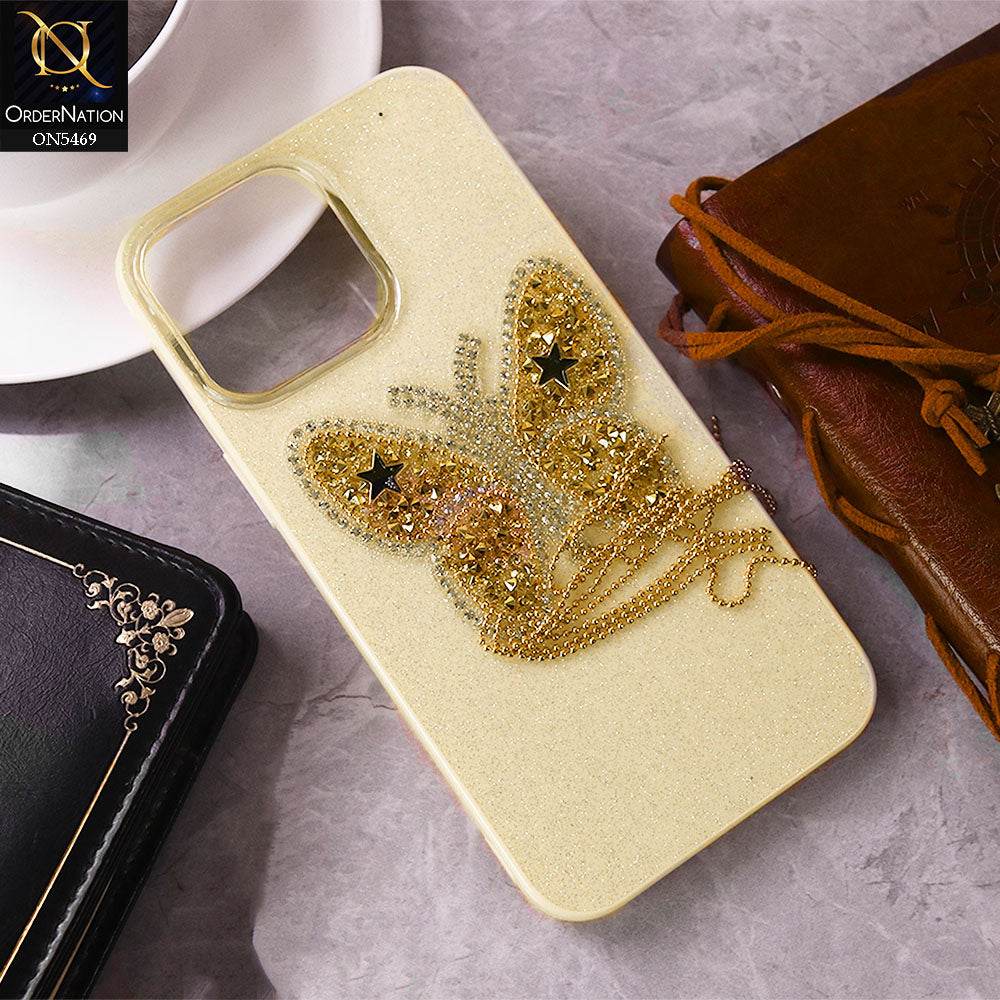 iPhone 16 Pro Max Cover - Yellow - New Shiny Beeds Butterfl Case With Glitter Inside Soft Shiny Case