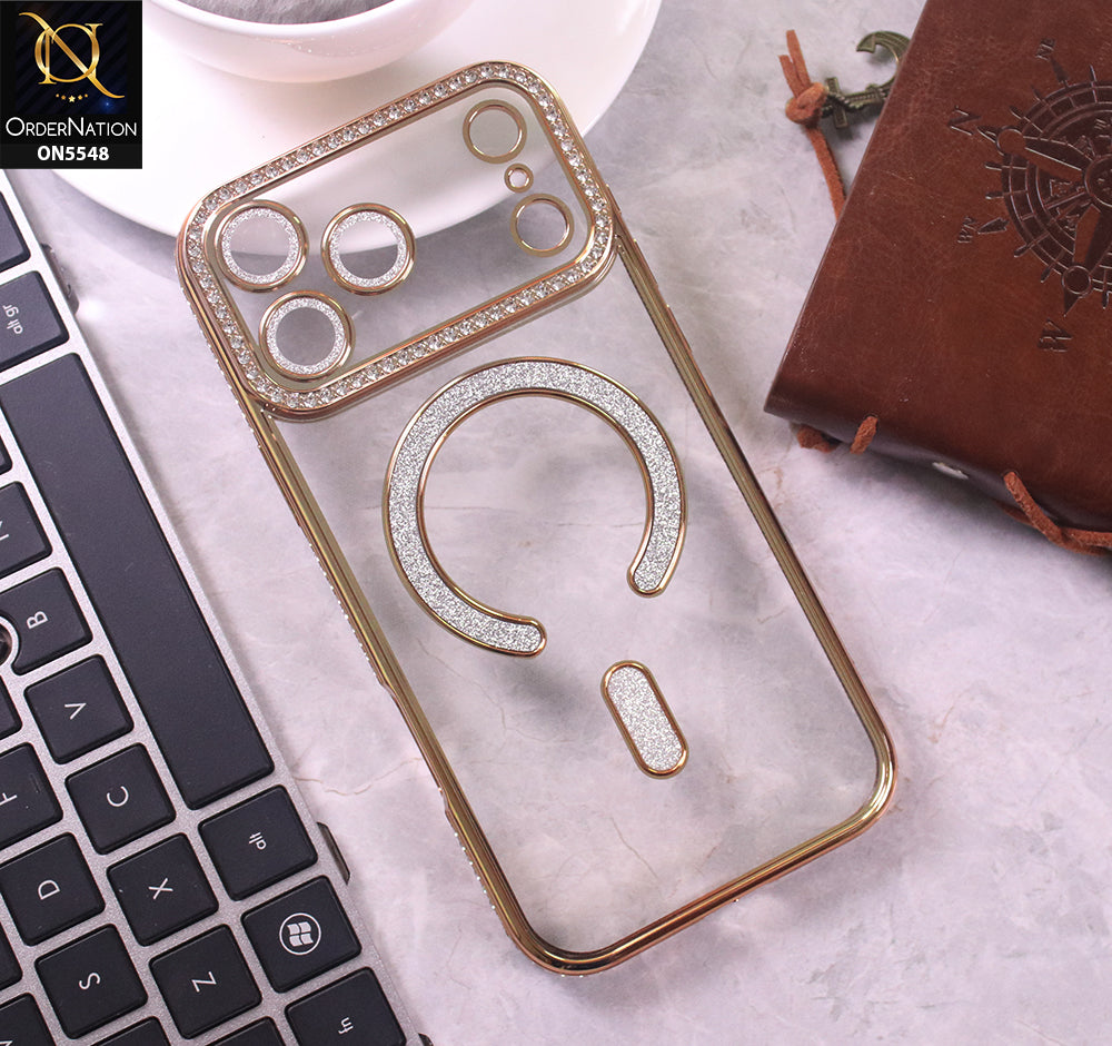 iPhone 17 Pro Max Cover - Golden - New Premium Rhine Stone Bling Clear Case With Glitter Magsafe Style Case