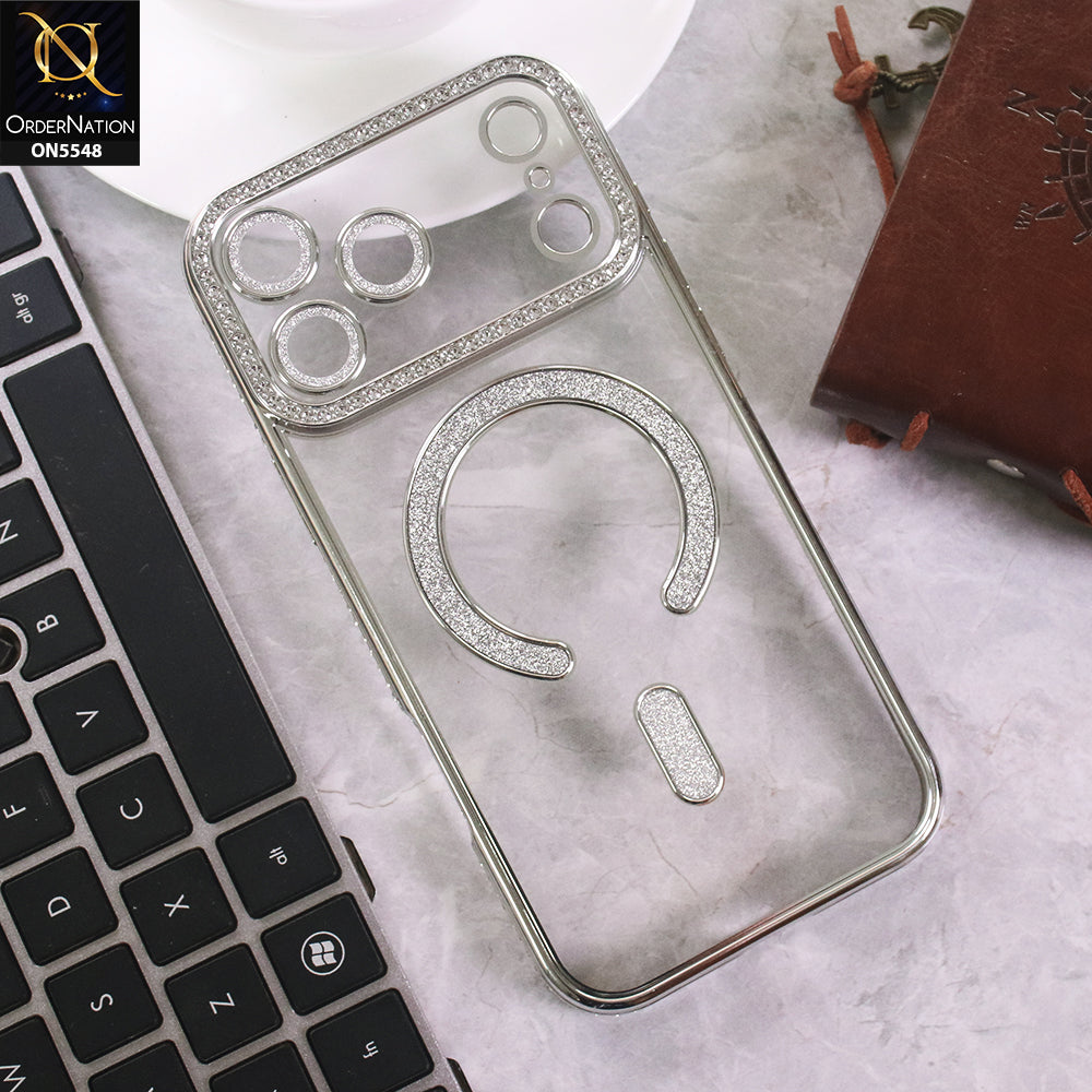 iPhone 17 Pro Max Cover - Silver - New Premium Rhine Stone Bling Clear Case With Glitter Magsafe Style Case