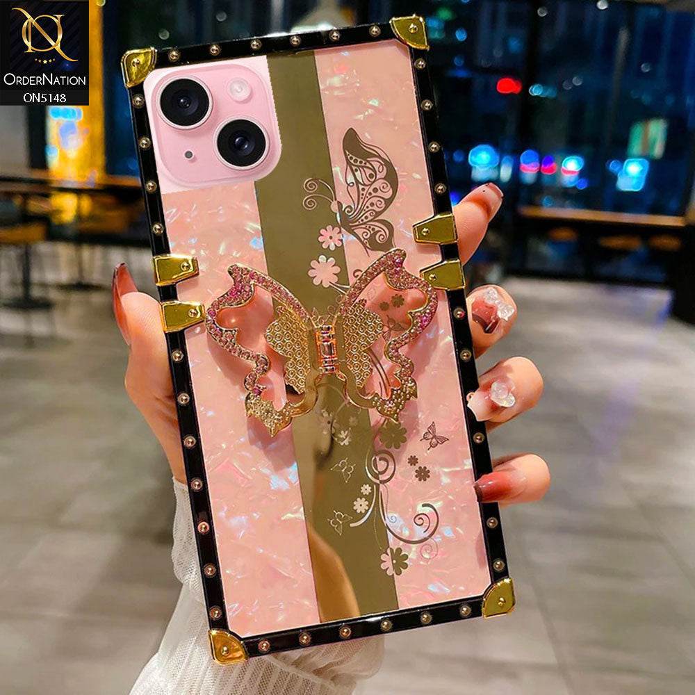 iPhone 13 Cover - Pink - Luxury Shiny Rhinestone Butterfly Electroplated Square Trunk Soft Case - Futurestore.pk