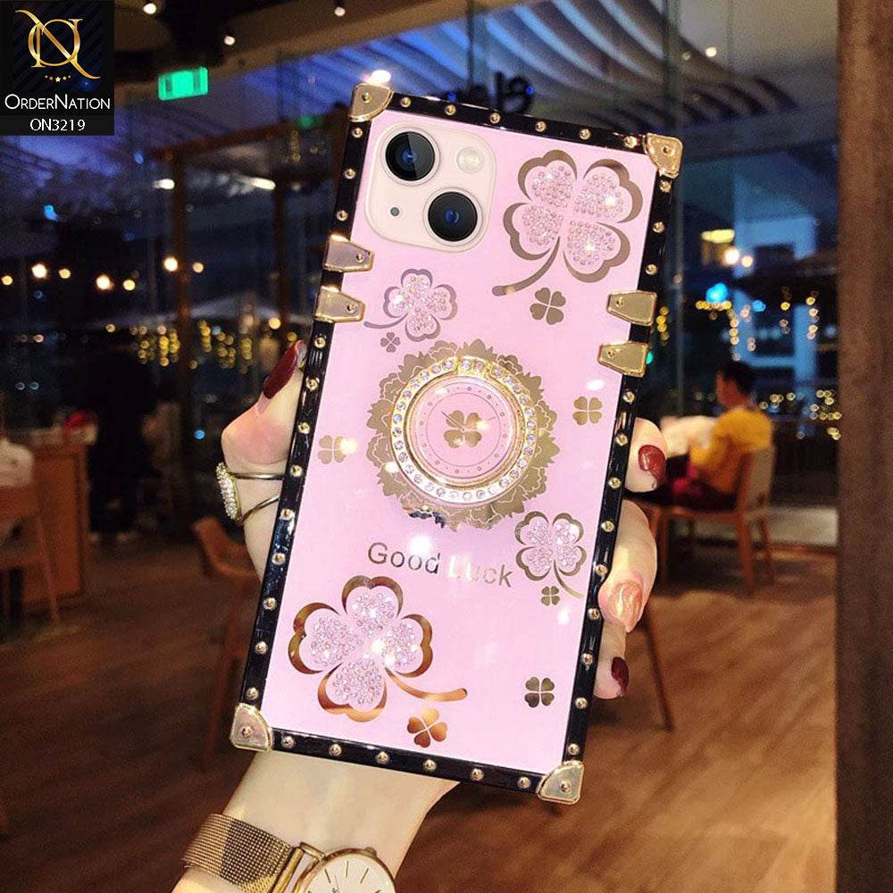 iPhone 13 Cover - Pink - Square Bling Diamond Glitter Soft TPU Trunk Case with Ring Holder - Futurestore.pk