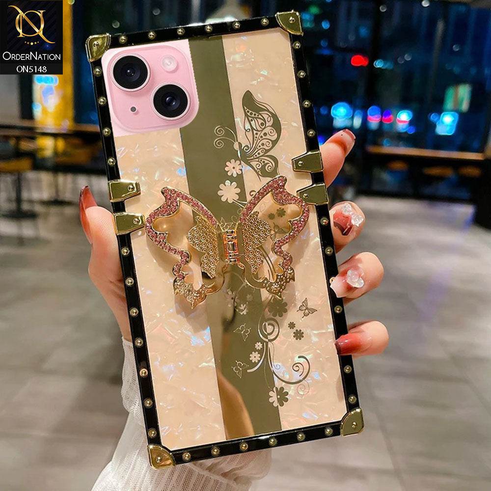 iPhone 13 Cover - Rose Gold - Luxury Shiny Rhinestone Butterfly Electroplated Square Trunk Soft Case - Futurestore.pk