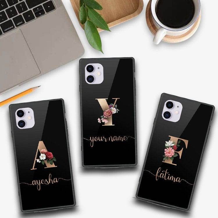 iPhone 11 Cover -Personalized Alphabet Series - HQ Ultra Shine Premium Infinity Glass Soft Silicon Borders Case Square Style Design1