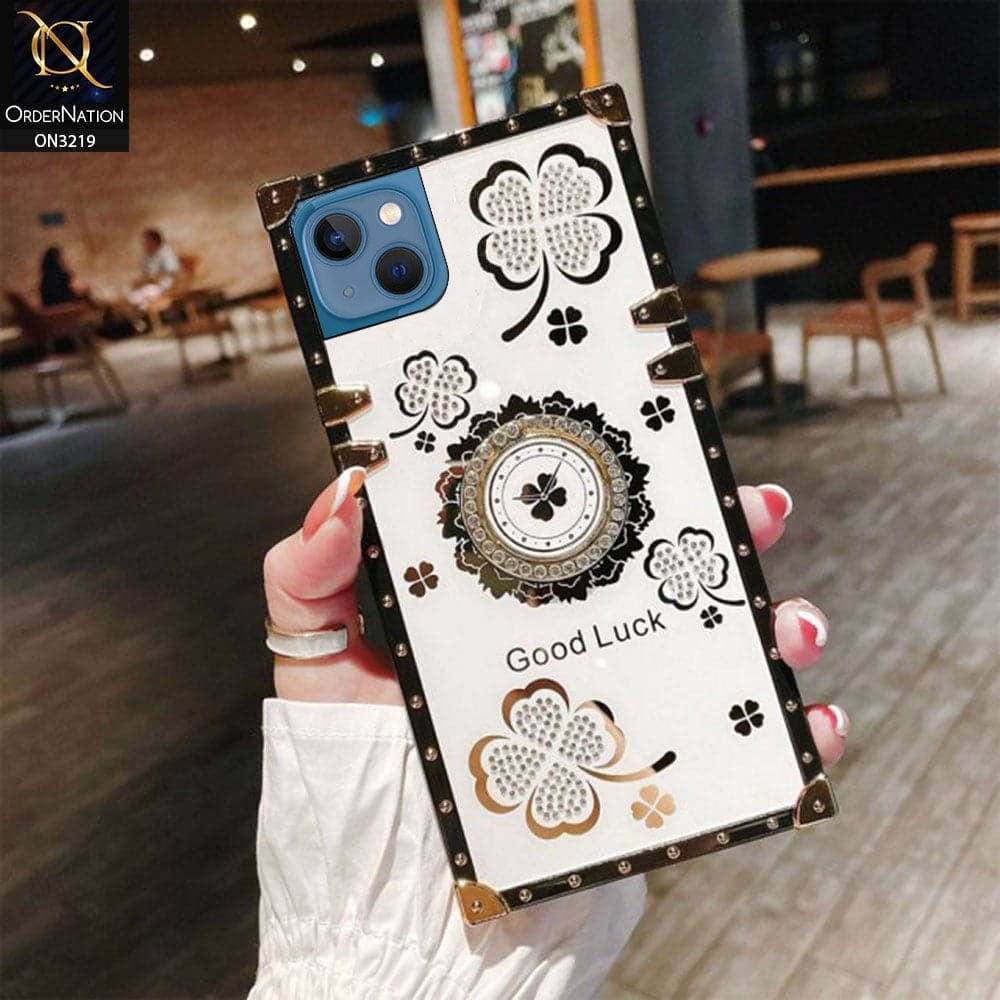 iPhone 13 Cover - Ash White - Square Bling Diamond Glitter Soft TPU Trunk Case with Ring Holder - Futurestore.pk