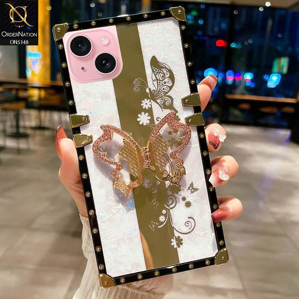 iPhone 13 Cover - White - Luxury Shiny Rhinestone Butterfly Electroplated Square Trunk Soft Case - Futurestore.pk